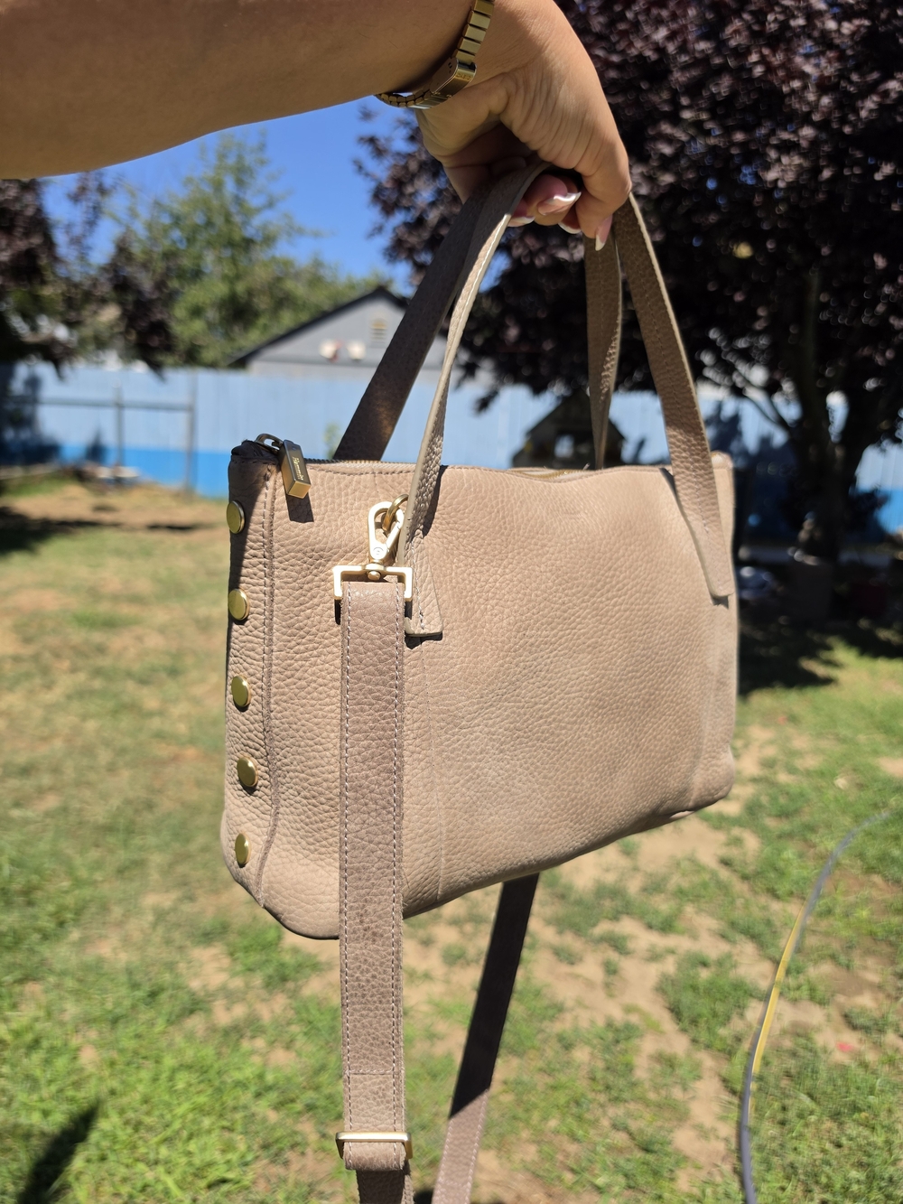 Hammitt Taupe Pebbled Leather Handbag Crossbody Bag with Gold Hardware - Picture 10 of 16